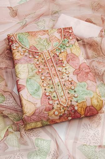 Peach color sequence heavy organza straight churidar dress material