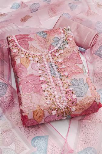 Pink color sequence heavy organza straight churidar dress material