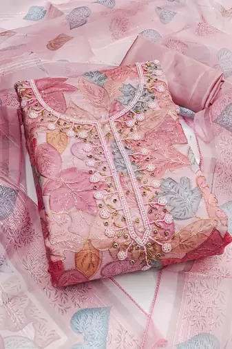 Pink color sequence heavy organza straight churidar dress material
