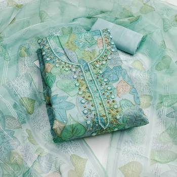 Teal color sequence heavy organza straight churidar dress material 1