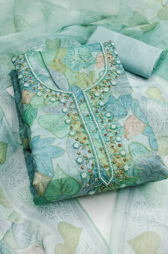 Teal color sequence heavy organza straight churidar dress material