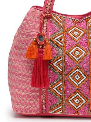 folklore edit flamingo pink cotton diamond beaded hobo bag 8