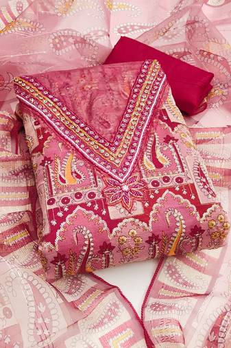 Red color sequence heavy organza straight churidar dress material