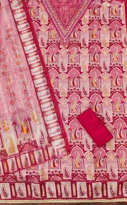 Red color sequence heavy organza straight churidar dress material 2
