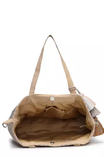 folklore edit beige cotton chevron embellished hobo bag