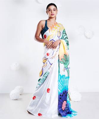 Charlotte satin georgette digital printed saree in offwhite color 1