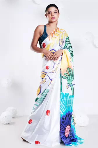 Charlotte satin georgette digital printed saree in offwhite color