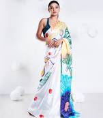 Charlotte satin georgette digital printed saree in offwhite color