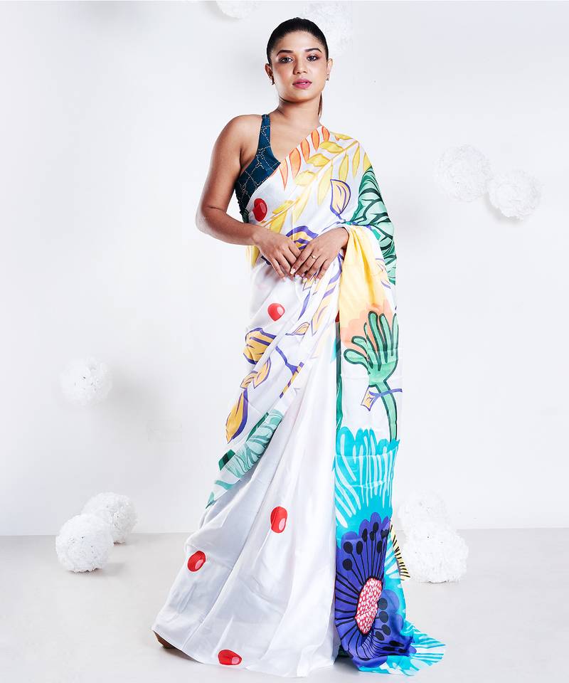 Charlotte satin georgette digital printed saree in offwhite color