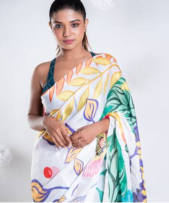 Charlotte satin georgette digital printed saree in offwhite color 2