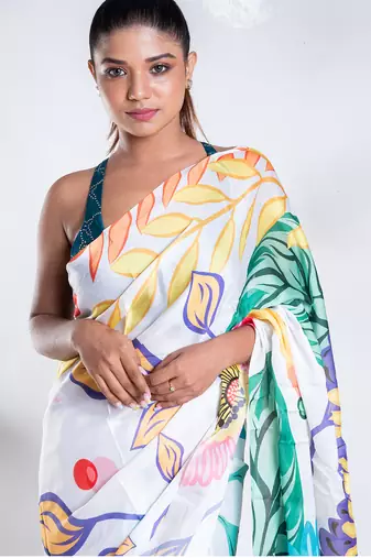 Charlotte satin georgette digital printed saree in offwhite color