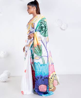 Charlotte satin georgette digital printed saree in offwhite color 3