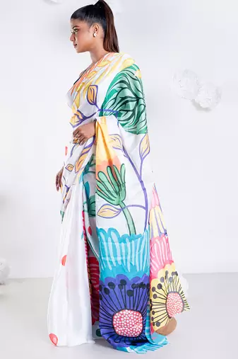 Charlotte satin georgette digital printed saree in offwhite color