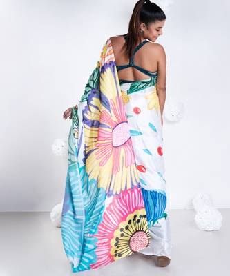 Charlotte satin georgette digital printed saree in offwhite color 4