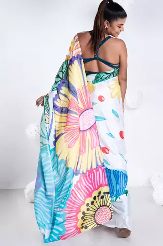 Charlotte satin georgette digital printed saree in offwhite color