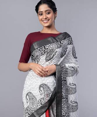off white  silk blend blend saree with black block print 1