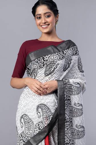 off white pure silk blend saree with black block print