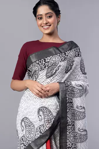 off white pure silk blend saree with black block print