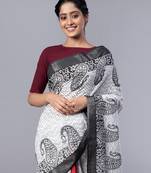 off white pure silk blend saree with black block print