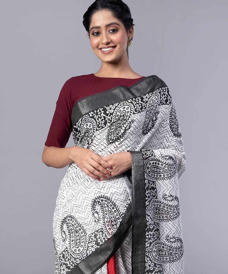 off white pure silk blend saree with black block print