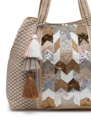folklore edit beige cotton chevron embellished hobo bag 8
