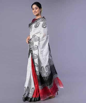 off white  silk blend blend saree with black block print 2