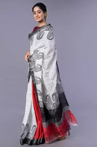 off white  silk blend blend saree with black block print