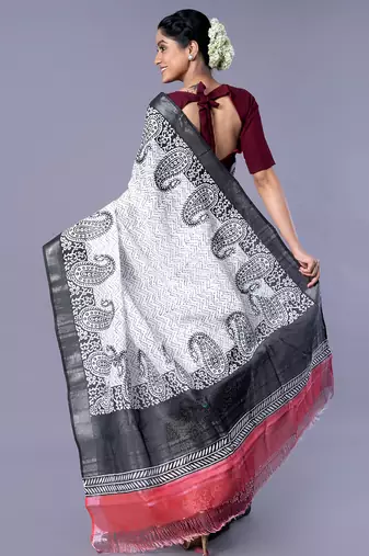 off white  silk blend blend saree with black block print