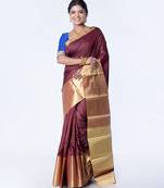 Kanjivaram saree in dark maroon color with golden mahapar border