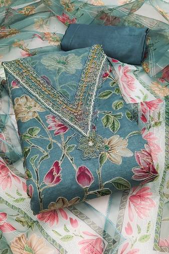 Sea green color sequence heavy organza straight churidar dress material