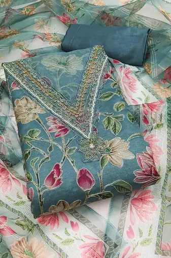 Sea green color sequence heavy organza straight churidar dress material