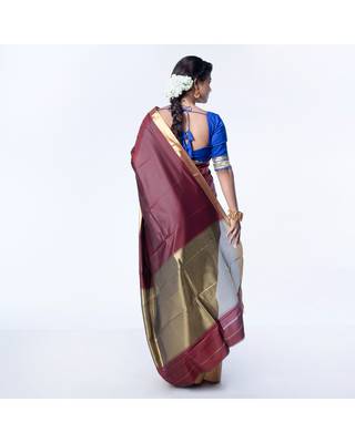 Kanjivaram saree in dark maroon color with golden mahapar border 4