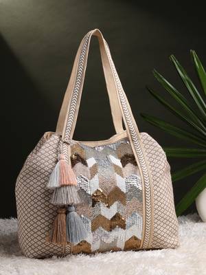 folklore edit beige cotton chevron embellished hobo bag 9