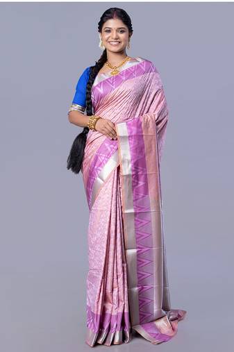 Kanjivaram silk saree in shallow vintage pink with floral jaal and contrasting border