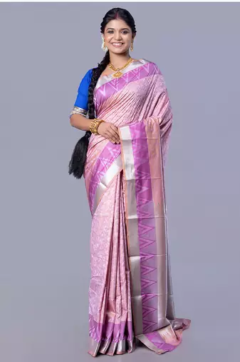 Kanjivaram silk saree in shallow vintage pink with floral jaal and contrasting border