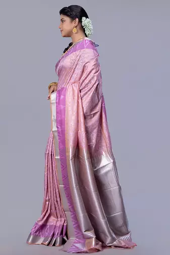 Kanjivaram silk blend saree in shallow vintage pink with floral jaal and contrasting border