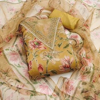 Yellow color sequence heavy organza straight churidar dress material 1