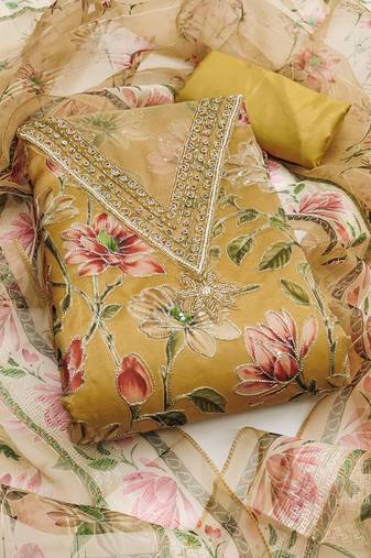 Yellow color sequence heavy organza straight churidar dress material