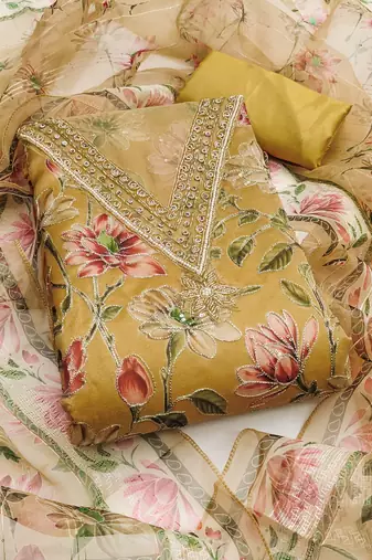 Yellow color sequence heavy organza straight churidar dress material