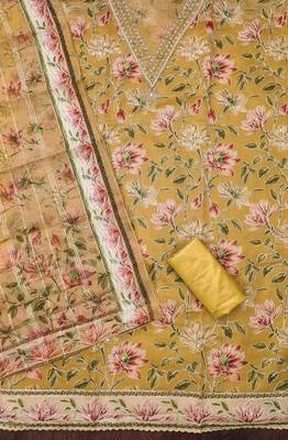 Yellow color sequence heavy organza straight churidar dress material 2