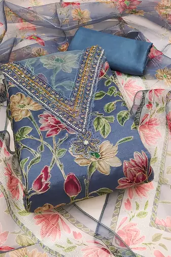 Teal color sequence heavy organza straight churidar dress material