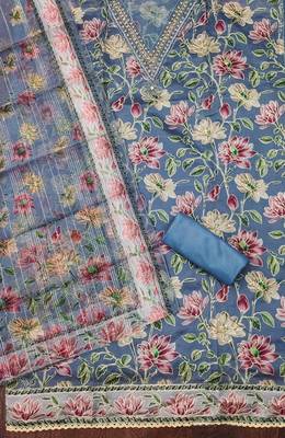 Teal color sequence heavy organza straight churidar dress material 2