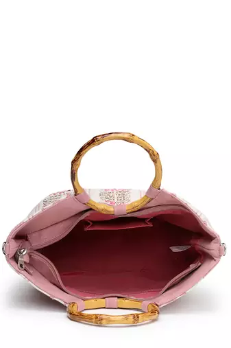 petal posh beige cotton floral embellished handheld bag