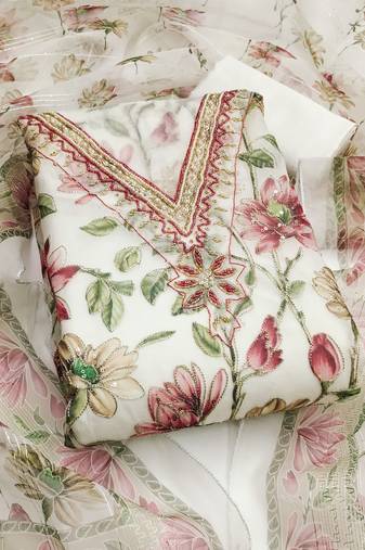 White color sequence heavy organza straight churidar dress material