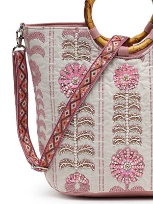 petal posh beige cotton floral embellished handheld bag 8