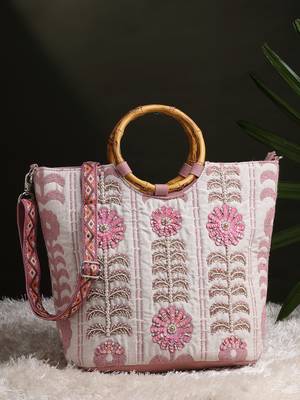 petal posh beige cotton floral embellished handheld bag 9