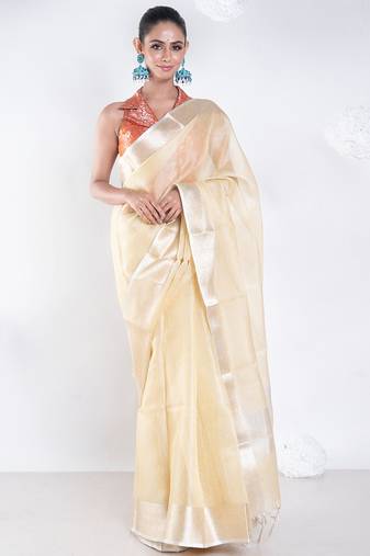 Banarasi chanderi saree in vintage yellow color with zari border