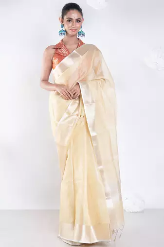 Banarasi chanderi saree in vintage yellow color with zari border