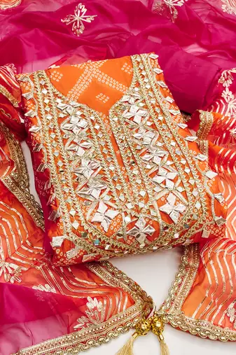 Orange color digital print heavy organza straight churidar dress material