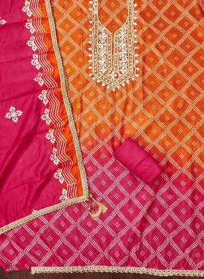 Orange color digital print heavy organza straight churidar dress material 2
